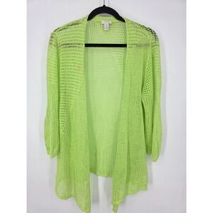 Chico's Lime Green Open Knit Linen Blend Cardigan Sweater Women Size 1 Medium